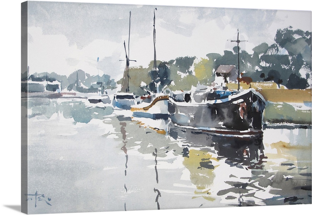 Gestural brush strokes of muted watercolors illustrate river barges lined up with a lush green background.
