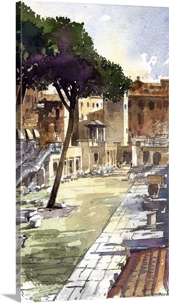 This bright scene uses subtle purples to accentuate the ancient landscape of Forum Romanum.