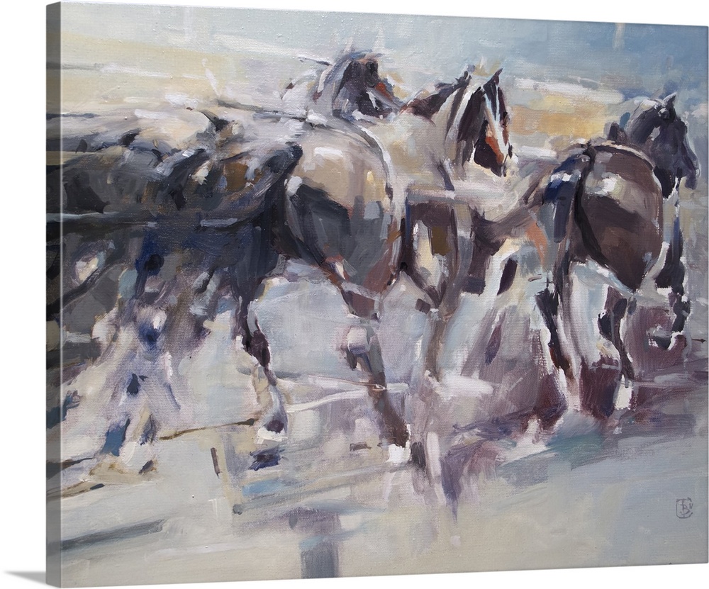 Full of energy and motion, this contemporary artwork reflects the movement of pack animals by using dynamic brush strokes.
