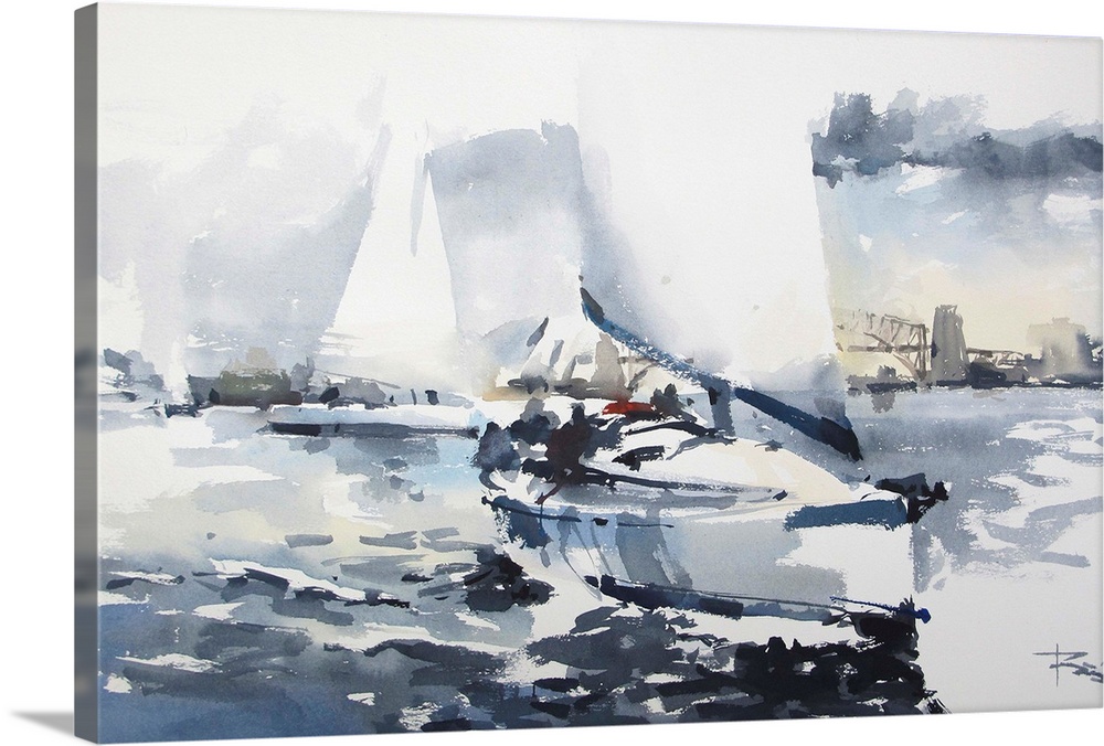 This contemporary artwork uses short watercolor brush strokes in monochromatic blues to illustrate a sailboat traveling in...