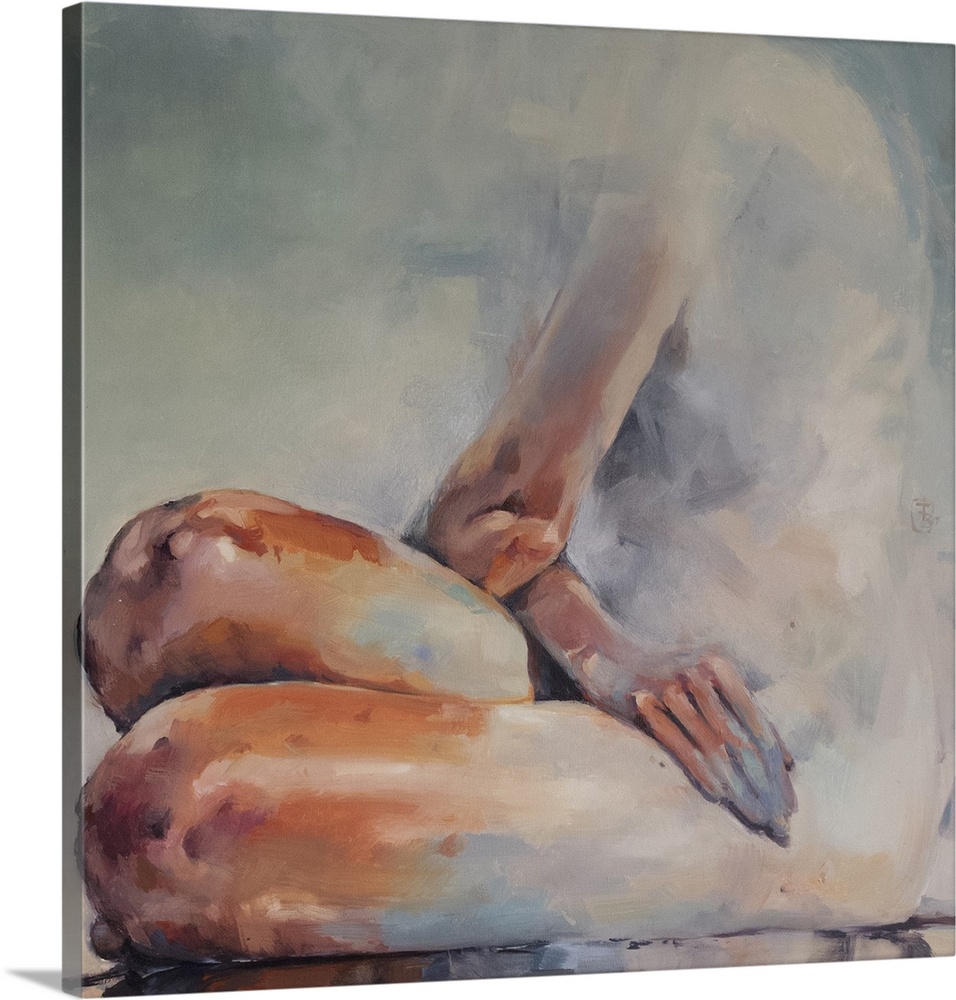 This contemporary artwork features a nude woman seated shaped from soft blues offset by bold orange colors.