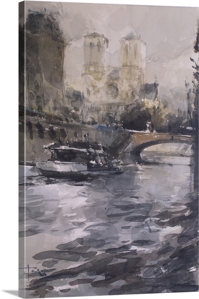 Gestural brush strokes of subdued watercolors create a winter scene of the river Seine with Petit Pont Bridge in foregroun...