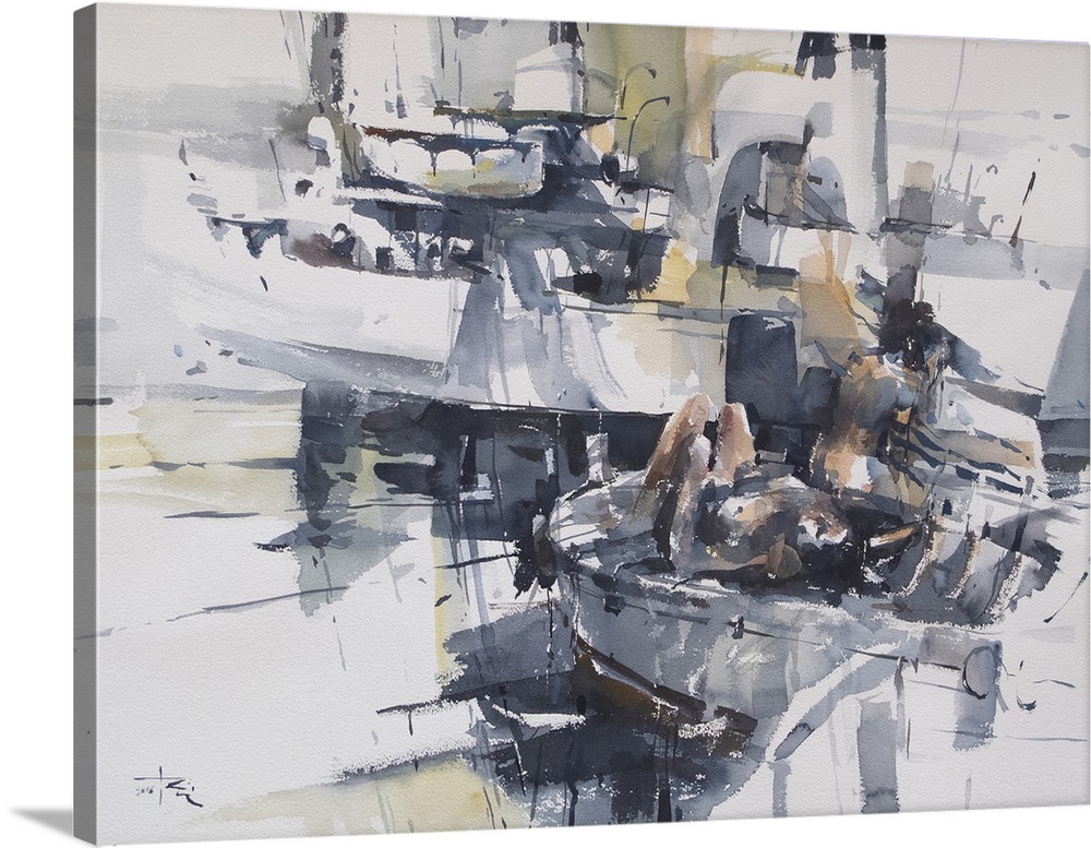 People rest at their leisure on a docked boat in a marina along the Croatian coast line in this contemporary artwork.