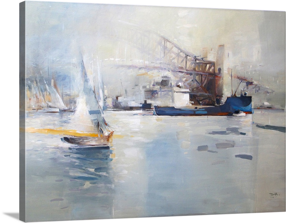 Impressionistic brush strokes of warm yellows and pops of blues create a misty landscape of the Sydney Harbor Bridge.