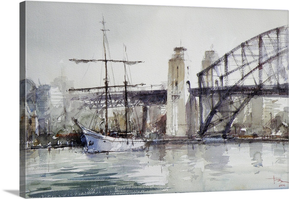 This contemporary artwork features dry watercolor brush strokes and muted colors to create a solemn scene of Sydney Harbor...