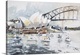 image thumbnail of Gestural brush strokes of muted watercolors create a story of floating boats near the Sydney Opera House.