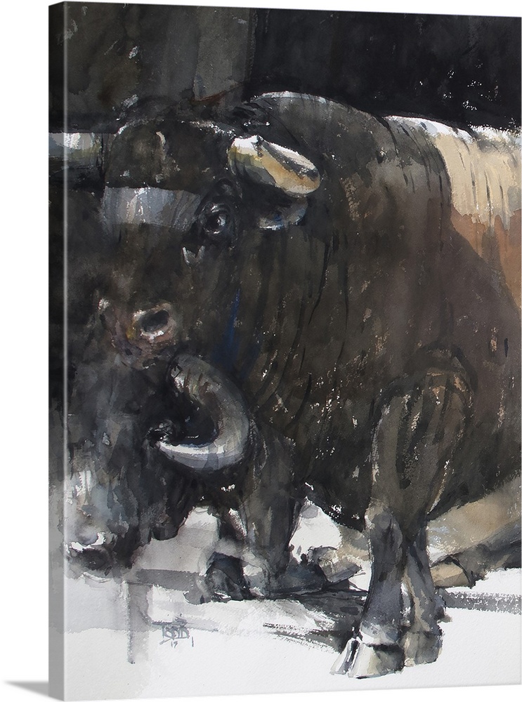 This contemporary artwork is the first half of a watercolor bull diptych that displays the strength of animals.