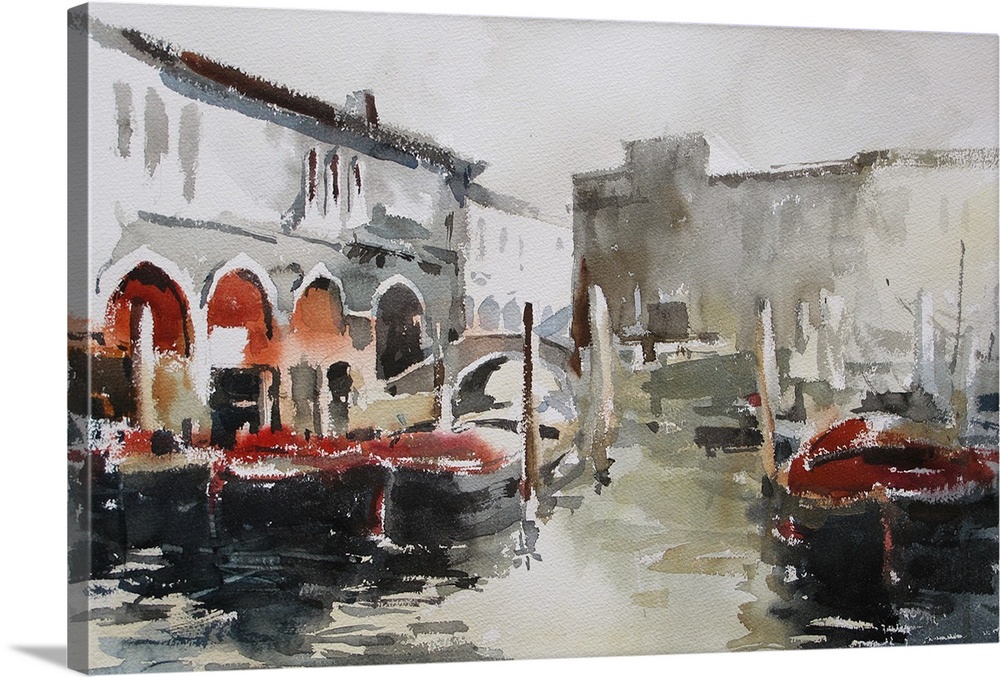 Soft watercolor brush strokes with pops of dark red create a water landscape of one of the water-traffic corridors in Venice.