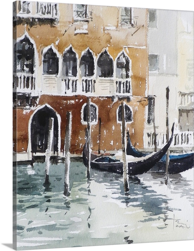 This contemporary artwork uses brown tones and rustling watercolor brush strokes to create a Venice canal with gondolas an...