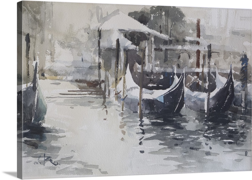 This contemporary artwork highlights snow covered surfaces of gondolas in a cold and damp Venice winter.