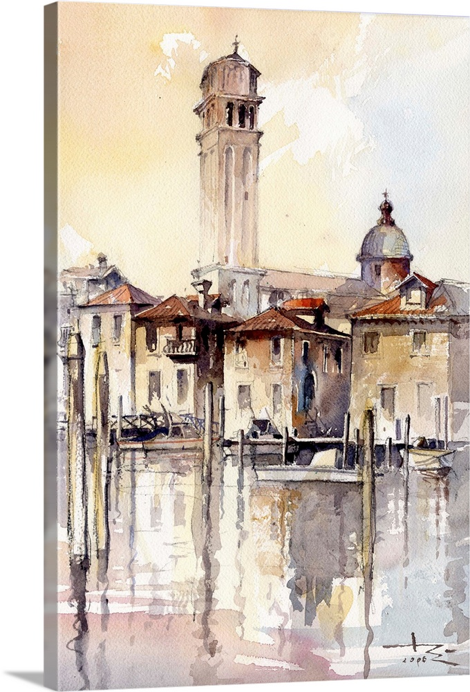 This contemporary artwork features warm shades with pops of blue to create a Venice landscape in the winter as the sun sets.