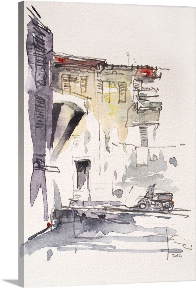 This contemporary artwork is a quick watercolor sketch of a street scene in Ventimiglia Italy.