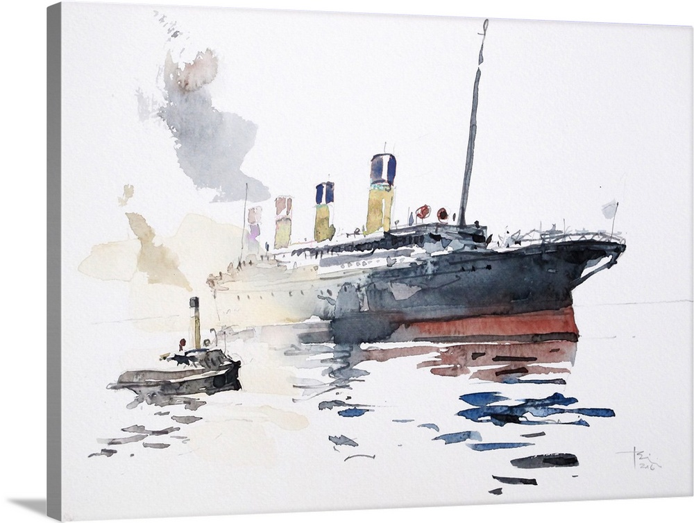 Gestural brush strokes of saturated watercolors illustrate the famous ocean liner, Titanic, before her maiden voyage.