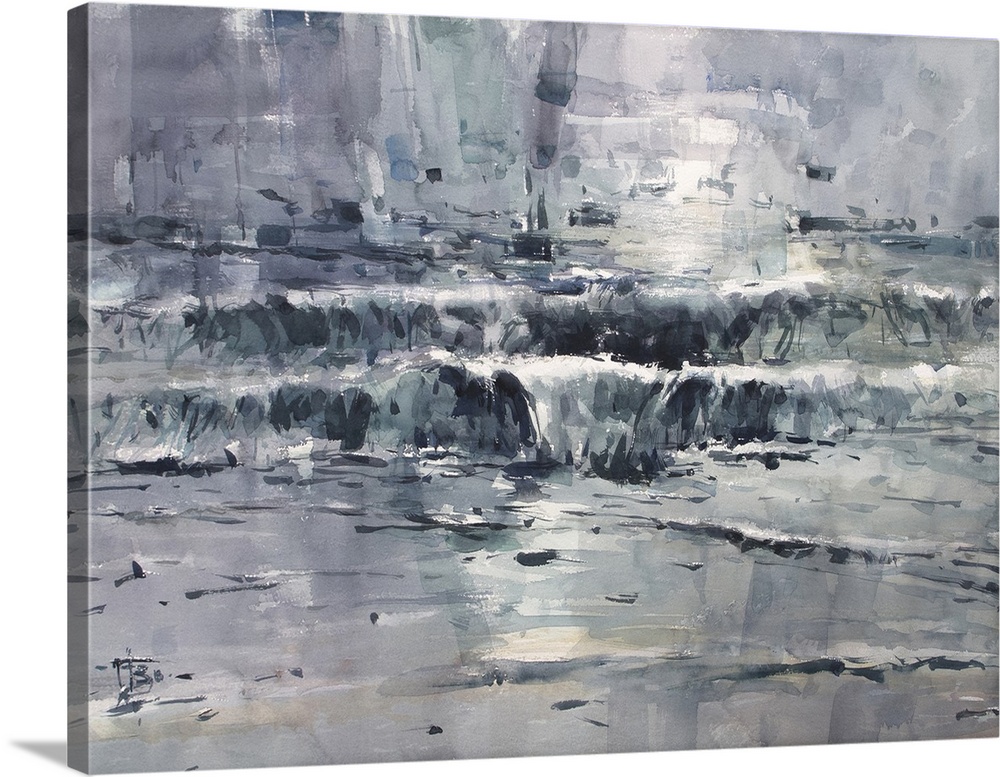 This contemporary artwork features the break of waves at Bondi Beach in Sydney, with monochromatic blues.