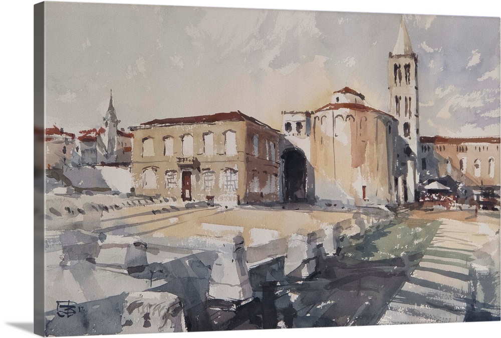 A watercolor artwork showing an old Croatian town of Zadar with Roman ruins in the foreground.