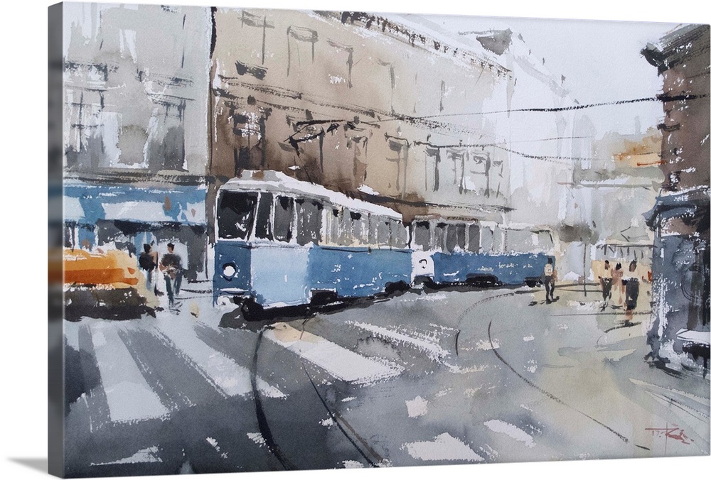 Gestural watercolor brush strokes and pops of blue reflect the energy of an old style tram in Zagreb.