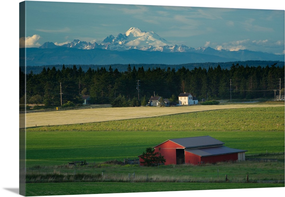 A red barn in the late afternoon on Whidbey Island, Washington, with snowy mountains in the distance.