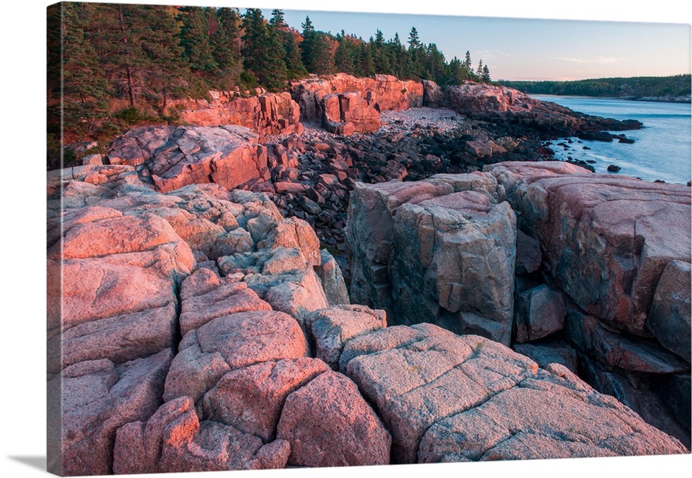 Warm sunlight on the rocky coast in Acadia National Park, Maine.