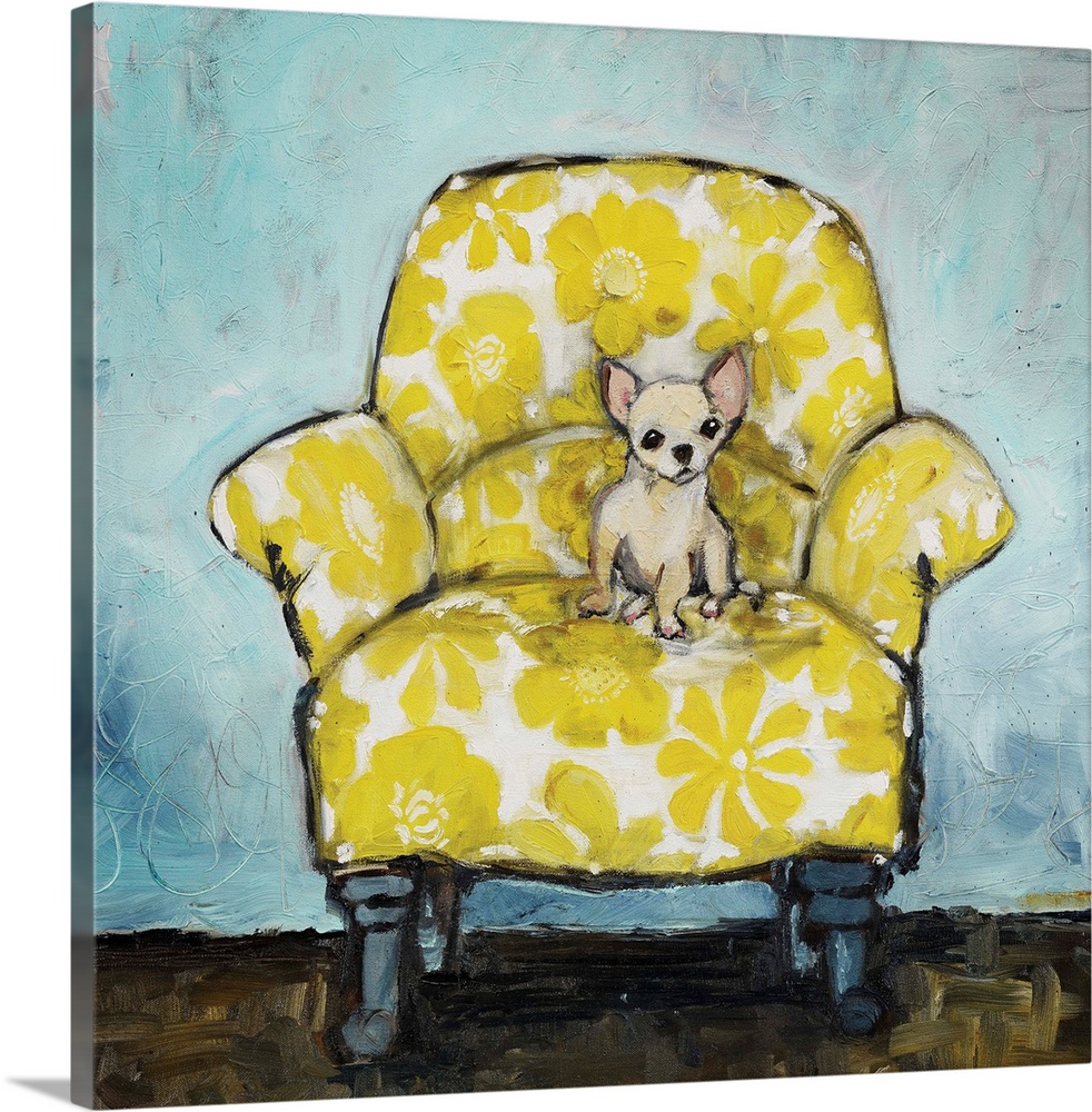 A whimsical composition of a small cream-colored dog sitting up in a large armchair covered in a bold, yellow floral print...