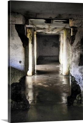 A dark wet underground hallway in decay