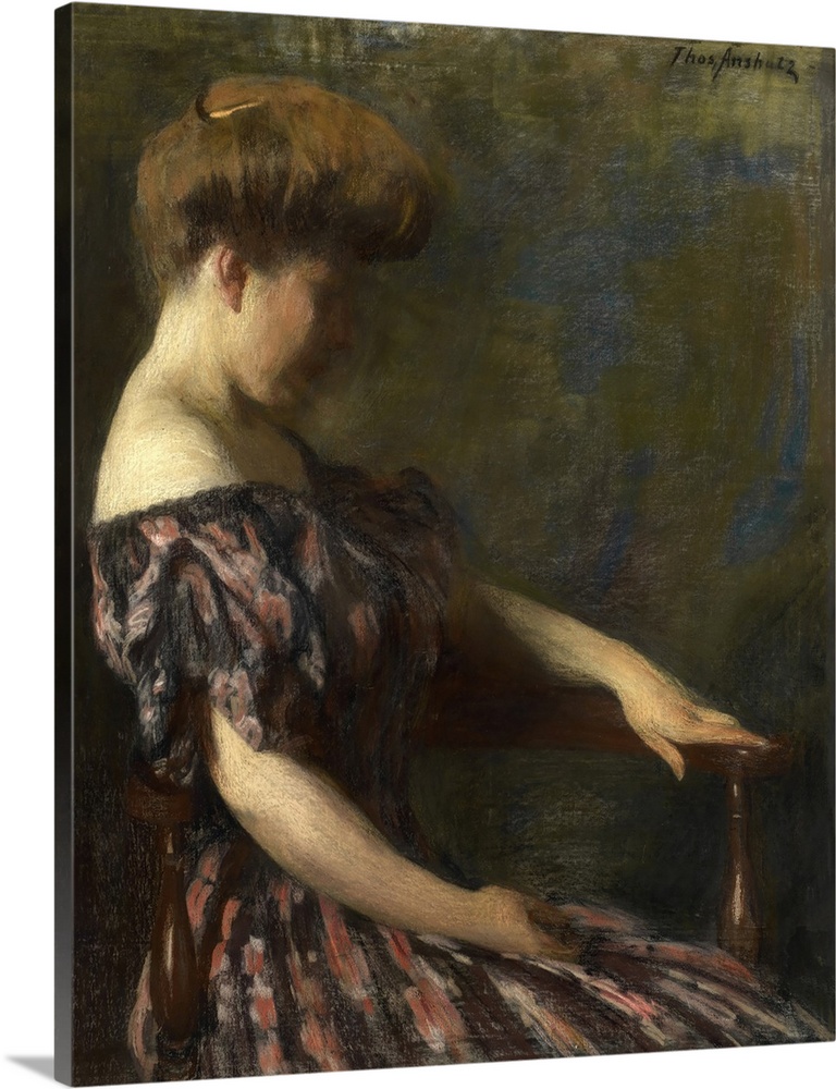 Young woman wearing an Edwardian long dress with soft light on her neck. Originally pastel on canvas.