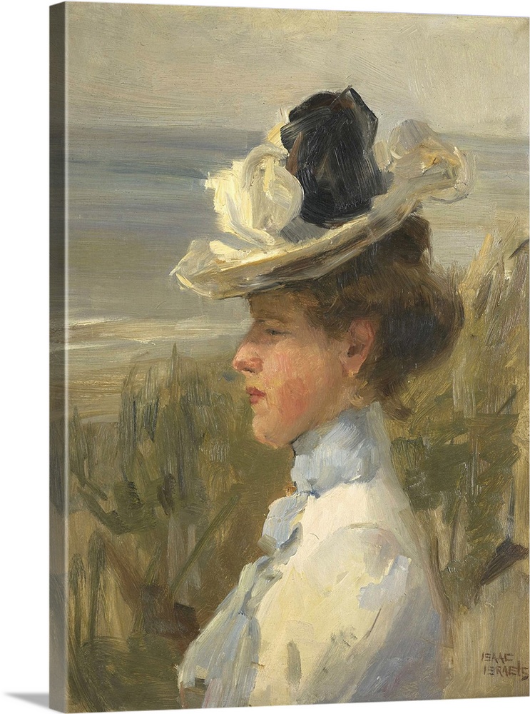 1895. An Edwardian woman looks out to sea standing alone with thoughtful expression.