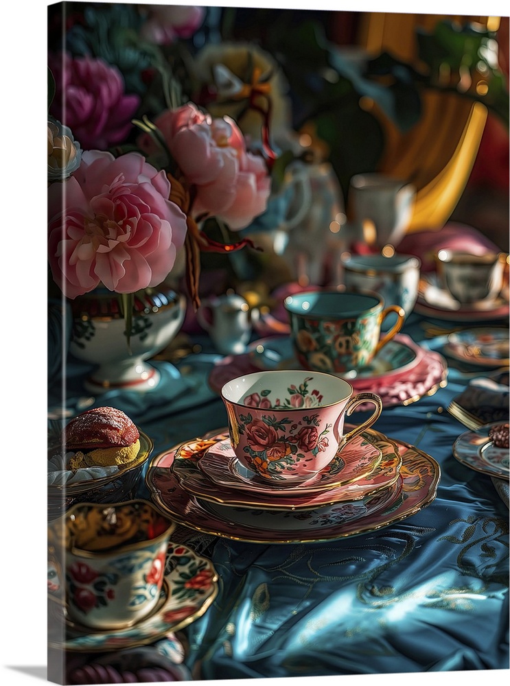 A table laid out for high tea in England with decorative bone china cups and saucers with flowers.