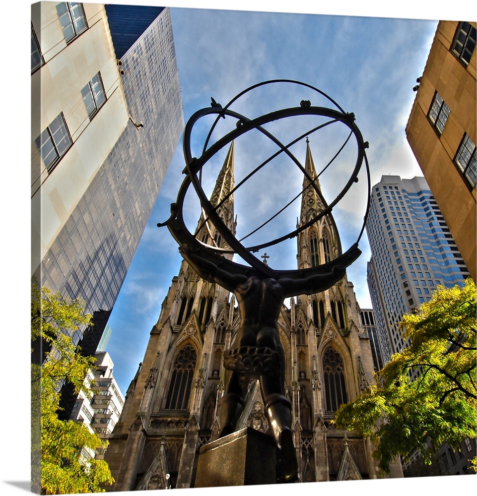 Image of the Atlas Statue with St. Patrick's Cathedral in the background, Manhattan, New York City.