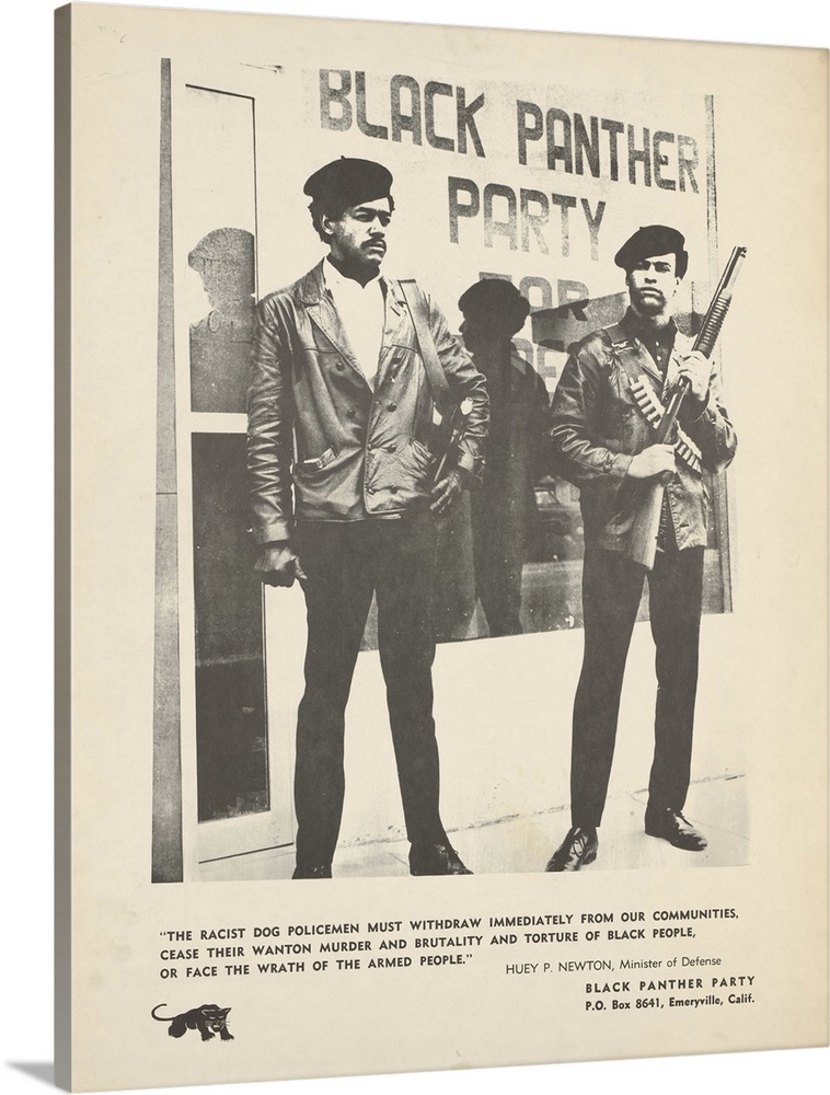 Framed black and white poster of Huey Newton and Bobby Seale in front of the storefront headquarters of the Black Panther ...