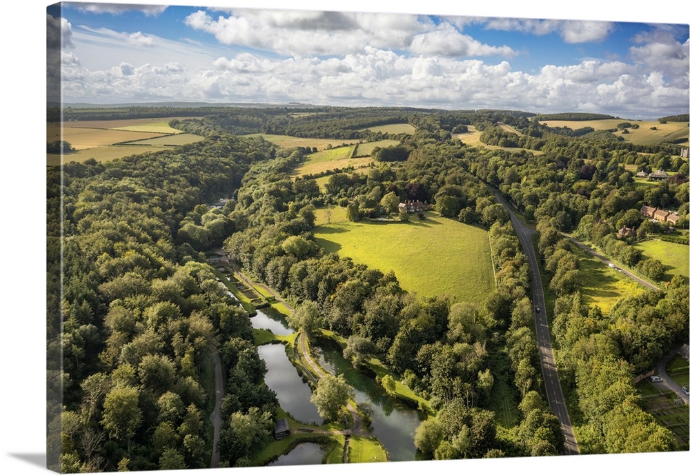 Aerial drone view of Chalk Springs. Nestled in the heart of the South Downs National Park near the market town of Arundel,...