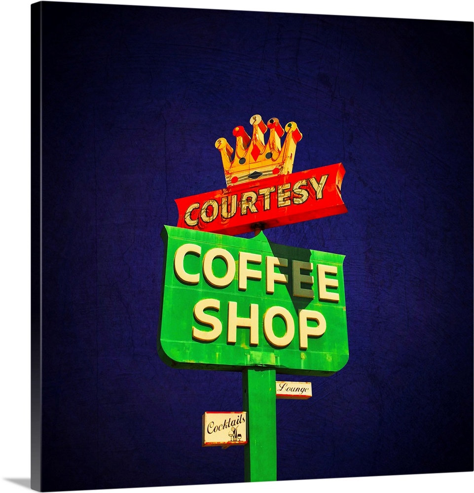 Glowing 1950's street sign for coffee shop.
