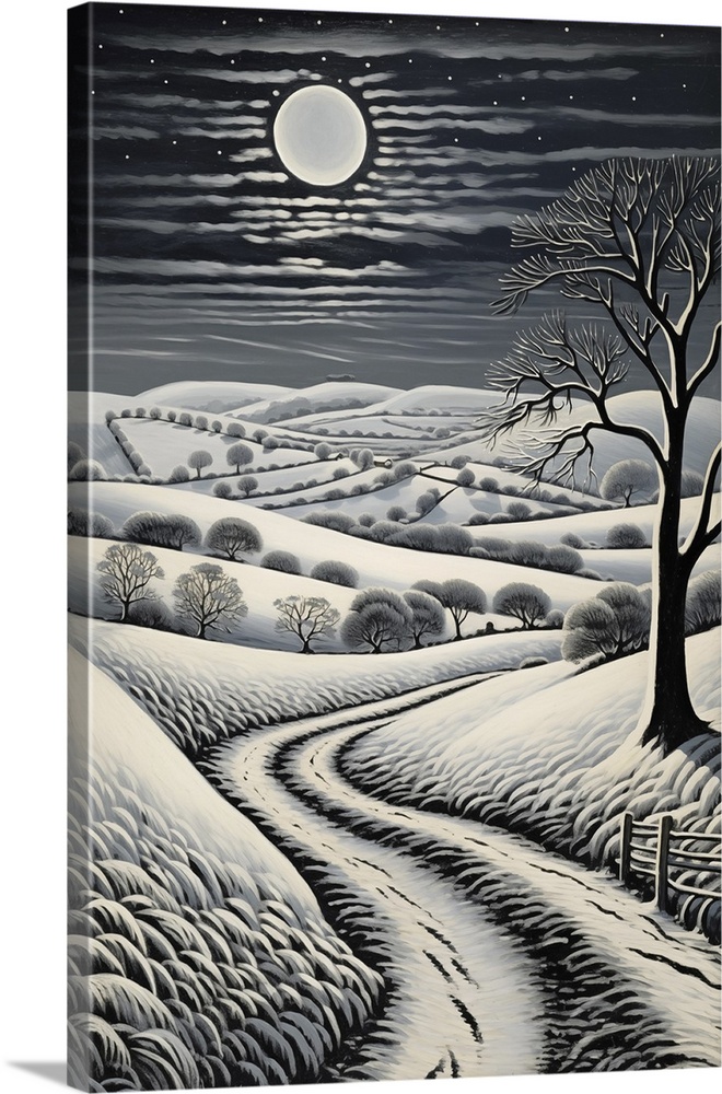 Footprints in the snow on a path on the Downs in West Sussex, England, UK. The moonlight illuminates the countryside durin...