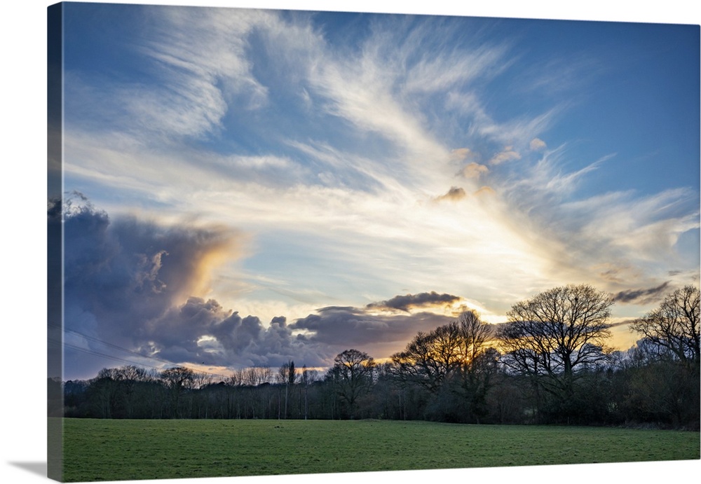Dramatic evening sky over the West Sussex landscape near Nutbourne in England.