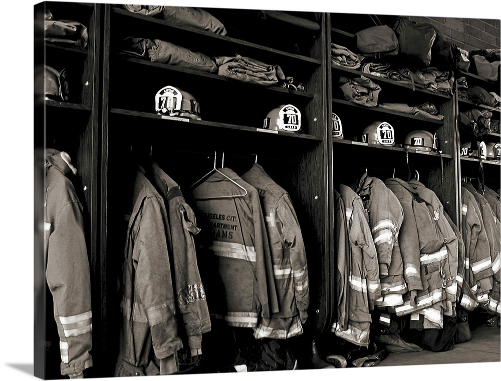 Firemen's protective gear stands ready for use.