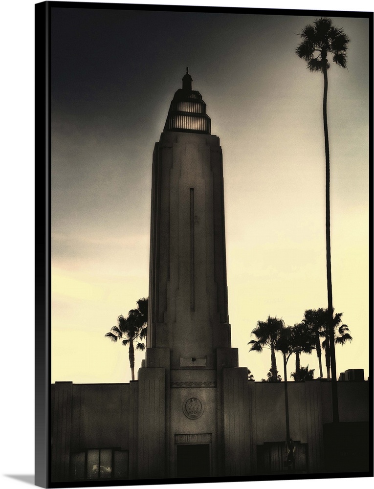 A gotham city tower with palm tree photoshop effects
