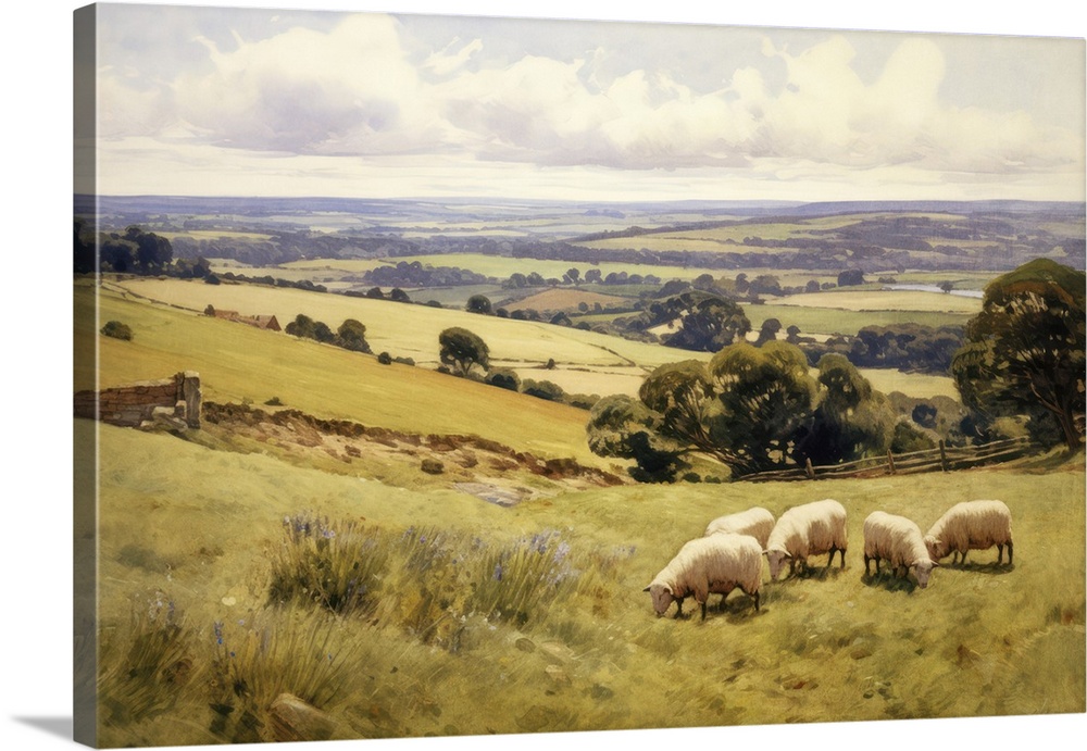 Sheep on the South Downs in West Sussex, England. Oak trees and distant views across the English countryside.
