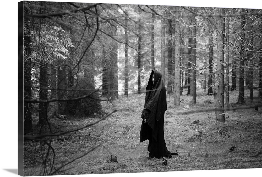 Young adult female wearing veil standing alone in dark forest in winter