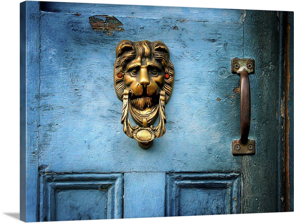 A brass door knocker on a blue door in the shape of a lions head