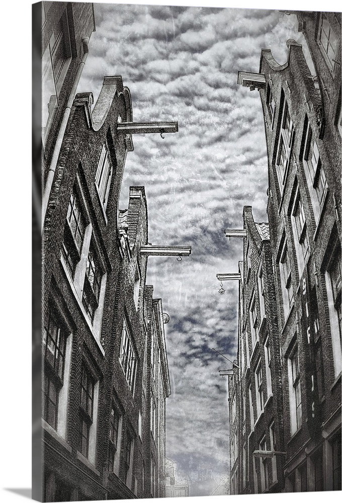 A narrow street of Amsterdam, covered of clouds