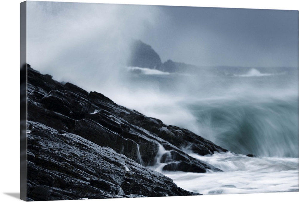 Crashing waves on a stormy Scottish beach