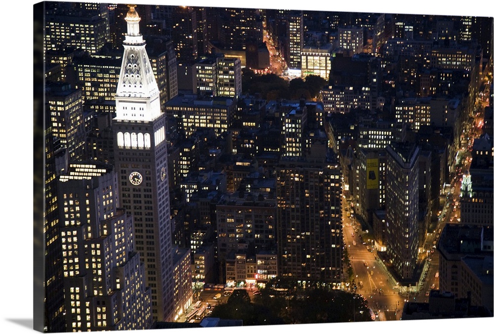 The Flatiron building and the MLIT by night from the Empire State Building, NYC, USA