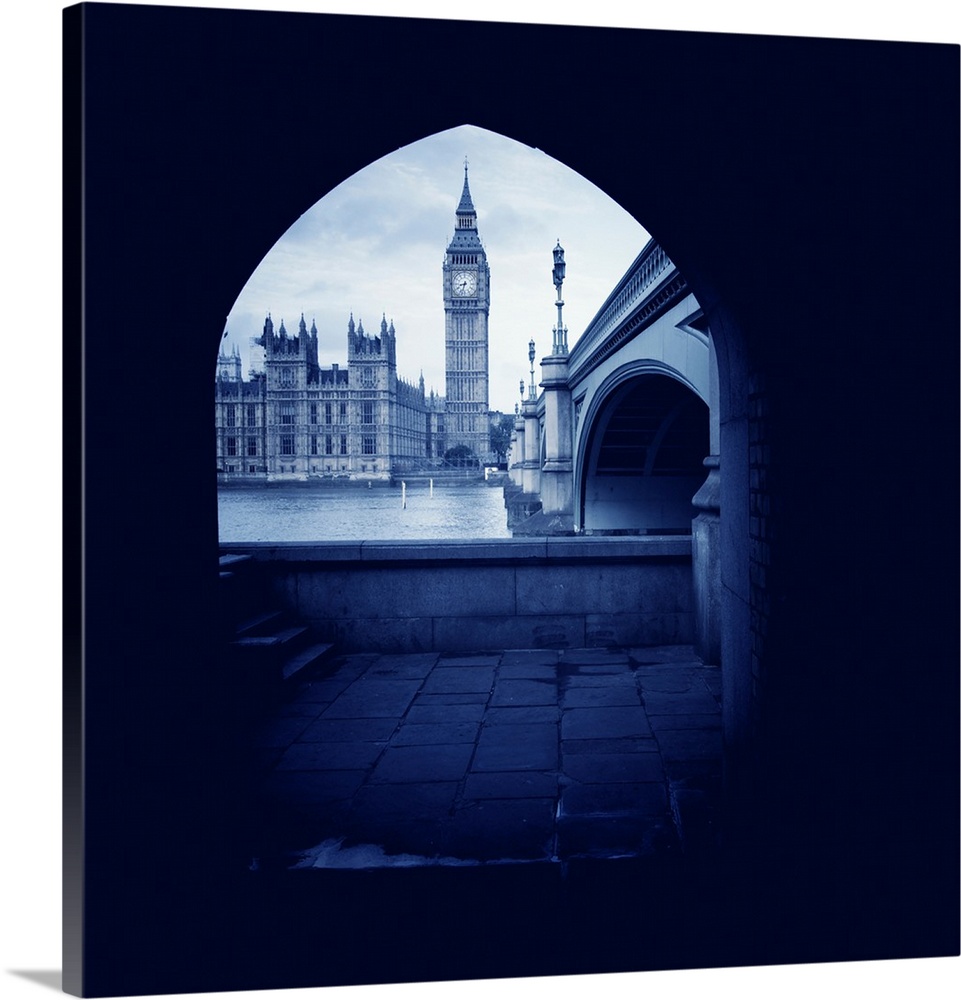 Houses of Parliament and Big Ben seen through arch, Westminster, London, UK