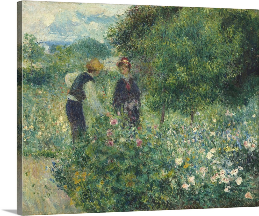 Two people in a flower garden.