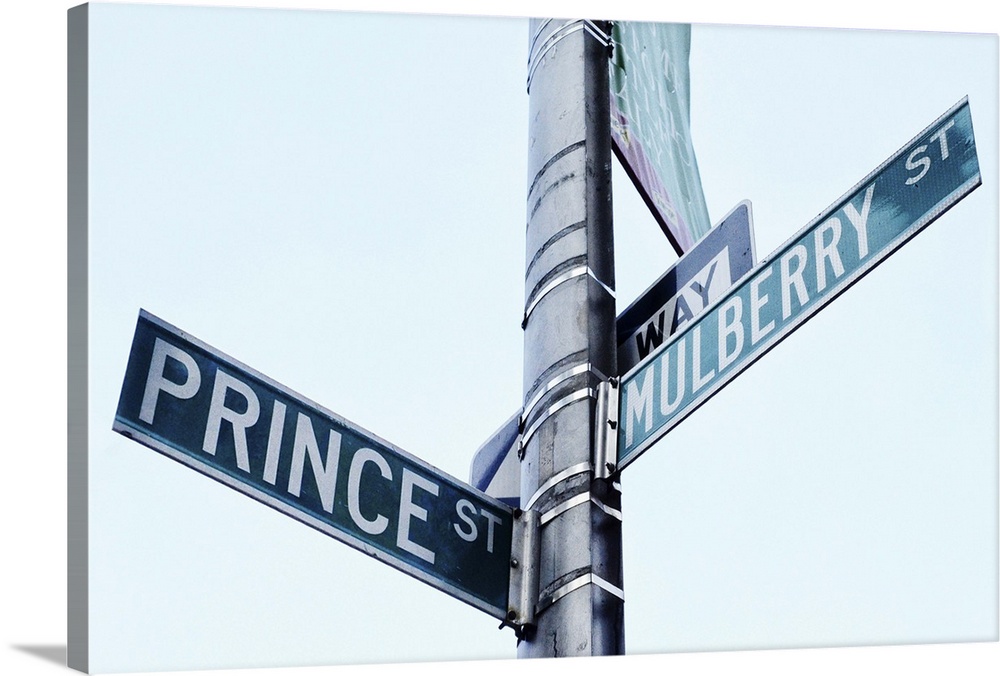 Street signs for Prince Street and Mulberry Street in Little Italy, Manhattan, New York City.