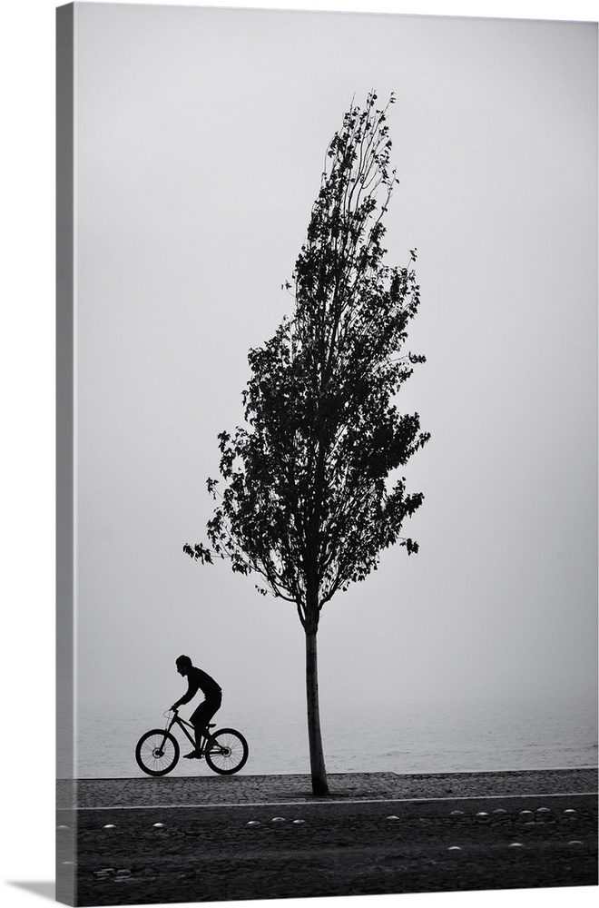 Young man riding a bicycle on a foggy morning.