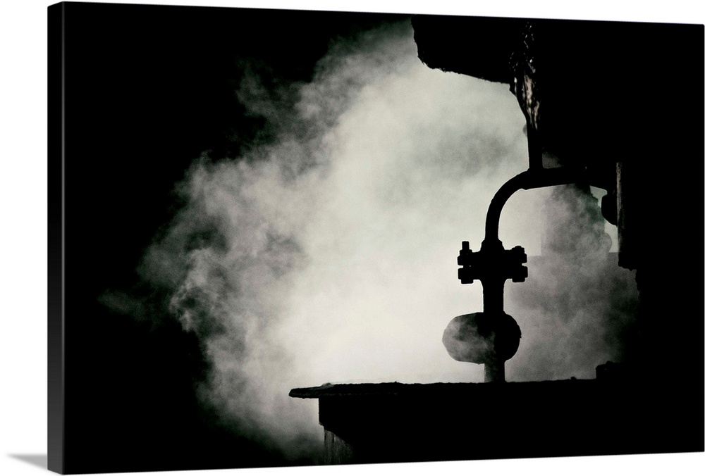 Conceptual image of smoke inside the factory. Dark and scary place.