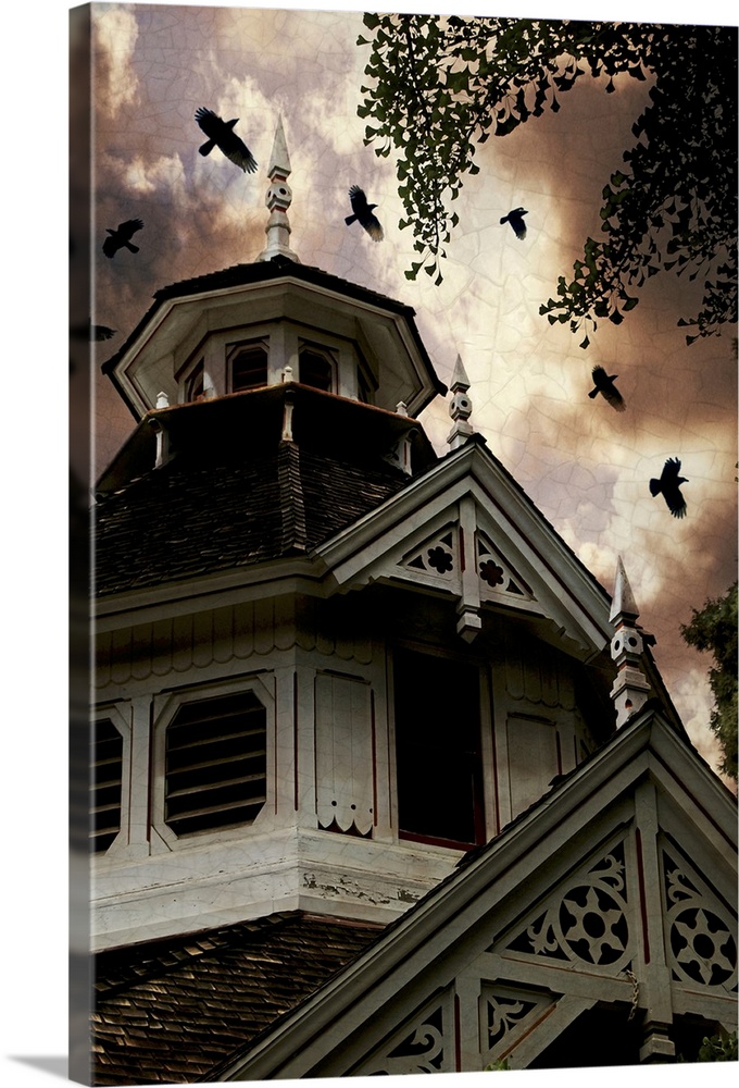 Crows near a Victorian carriage house can sense an approaching storm.