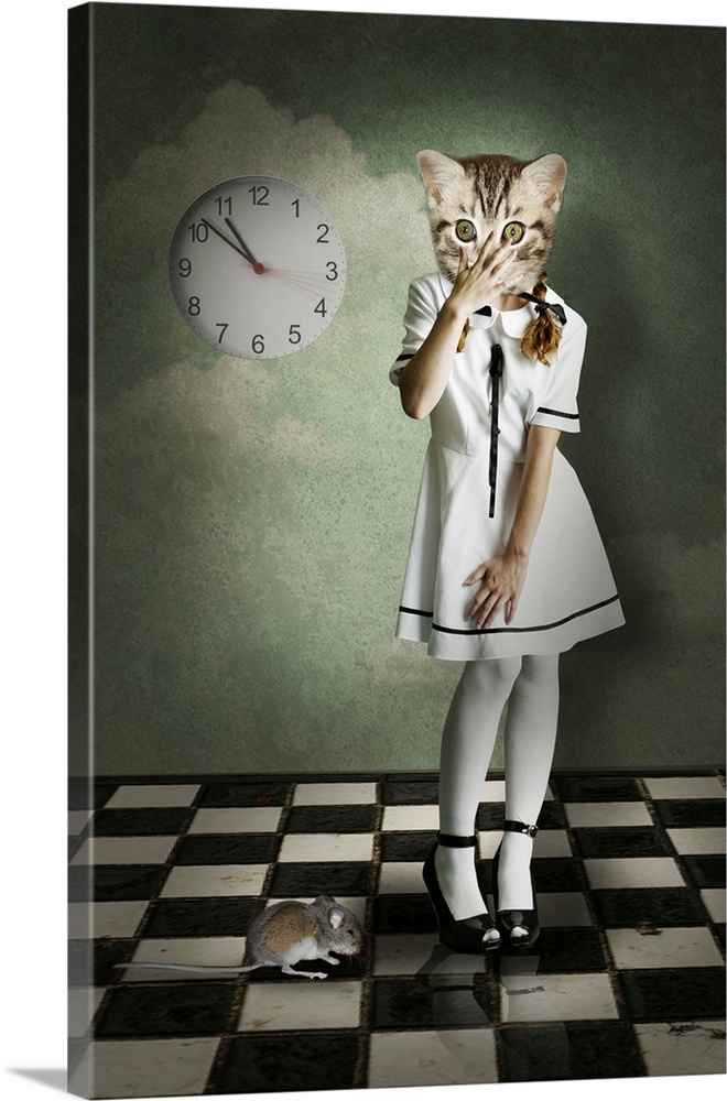 surreal kitten dressed as a human witha mouse and a clock