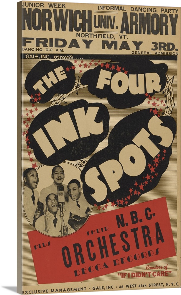 Poster on heavy cardboard stock advertising a performace of The Four Ink Spots plus the N.B.C. Orchestra in Northfield, VT...