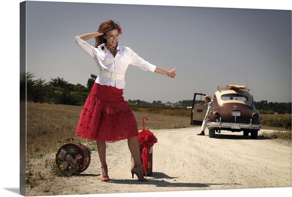 A model wearing a red skirt thumbing a lift